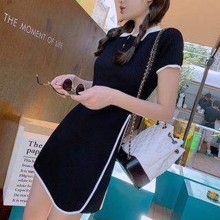 Polo-neck Short-sleeve Mini Sheath Knit Dress Black - One Size