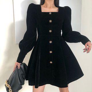 Lantern-sleeve Velvet Mini A-line Dress