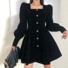 Lantern-sleeve Velvet Mini A-line Dress