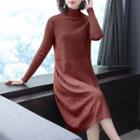 Long-sleeve Star Pattern Midi Knit Dress