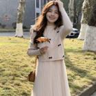 Long-sleeve Mesh Overlay Knit Midi A-line Dress / Bow-accent Sweater Vest
