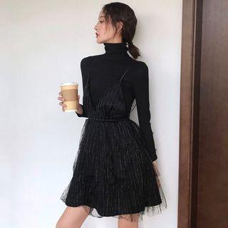 Set: Turtleneck Knit Top + Spaghetti Strap Mini Mesh Dress