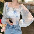 Puff-sleeve Tie-dyed Blouse White & Blue - One Size
