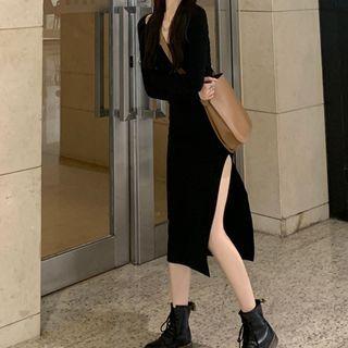 Long-sleeve Square-neck Slit Knit Midi Sheath Dress Black - One Size