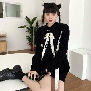 Ribbon Faux Pearl Cable Knit Sweater Black - One Size