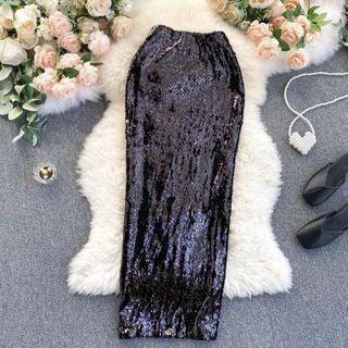 Slit Sequin Skinny Skirt Black - One Size