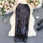 Slit Sequin Skinny Skirt Black - One Size