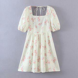 Puff-sleeve Square-neck Floral Print A-line Dress