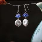 Retro Lotus Dangle Earring 1 Pair - Blue & Silver - One Size