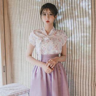 Short-sleeve Midi Skirt Hanbok Set (floral / Purple)
