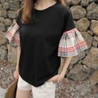 Plaid Tie-back Ruffle-cuff T-shirt