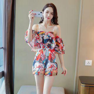 Print Cold-shoulder Chiffon Playsuit