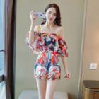Print Cold-shoulder Chiffon Playsuit