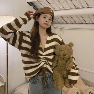 V-neck Drawstring Striped Sweater Stripes - Coffee - One Size