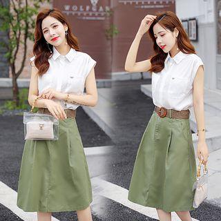 Set: Embroidered Cap-sleeve Chiffon Blouse + Belted A-line Skirt