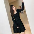 Long-sleeve Rivet A-line Knit Dress