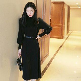 Puff-sleeve A-line Knit Dress