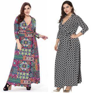 Plus Size Long Sleeve V Neck Print Collar Dress