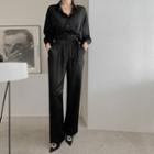 Set: Satin Shirt + Tie-waist Wide-leg Pants