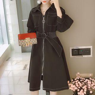 3/4-sleeve Zip-front Midi A-line Collared Dress