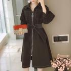 3/4-sleeve Zip-front Midi A-line Collared Dress