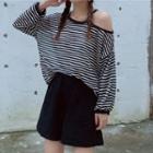 Striped Off Shoulder Long Sleeve T-shirt Stripe - Black & White - One Size