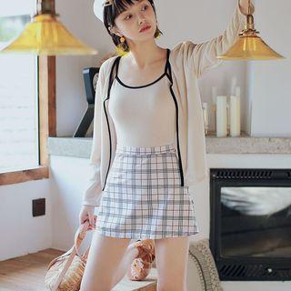 Set: Contrast Trim Swimsuit + Plaid Swim Skirt + Cover-up