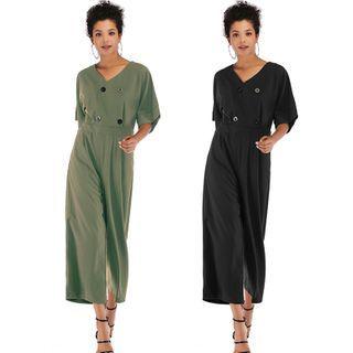 V-neck Elbow-sleeve Wide-leg Jumpsuit