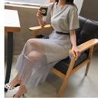 Set: Short-sleeve Mini Glitter T-shirt Dress + Midi Mesh Skirt