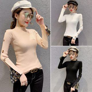 Long-sleeve Chiffon-panel Mock-neck Knit Top