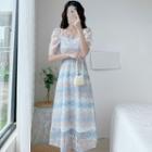 Short-sleeve Striped Midi A-line Lace Dress