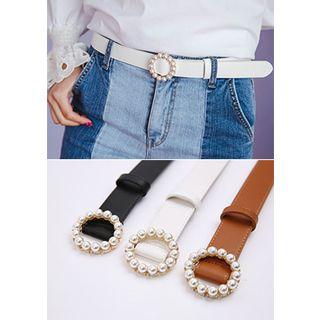 Faux-pearl Round-buckle Faux-leather Belt