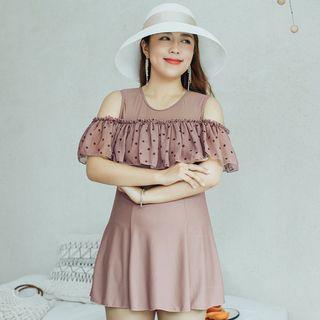 Cold-shoulder Dotted Swim Dress