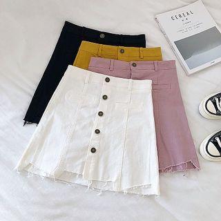 Asymmetric Single-breasted High-waist Frayed Denim Skirt