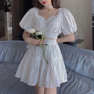 Puff-sleeve Lace Crop Top / A-line Mini Skirt