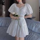 Puff-sleeve Lace Crop Top / A-line Mini Skirt