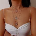 Alloy Cross & Embossed Disc Pendant Layered Choker Necklace