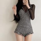 Set: Long-sleeve Cover-up + Spaghetti Strap Plaid Swimsuit