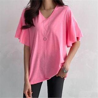 V-neck Ruffle-sleeve T-shirt
