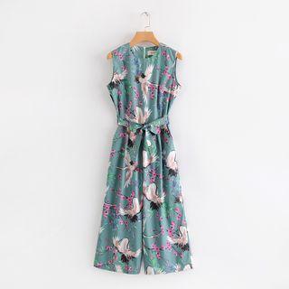 Crane Print Sleeveless Wide-leg Jumpsuit