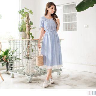 Fringed Hem Striped V-neck Midi Dress