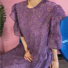 Floral Print Short-sleeve A-line Midi Chiffon Dress Purple - One Size
