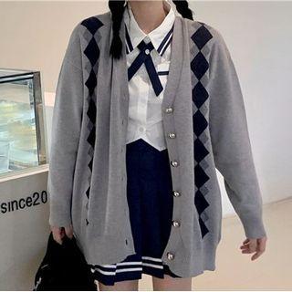 Argyle Cardigan / Shirt / Pleated Mini A-line Skirt