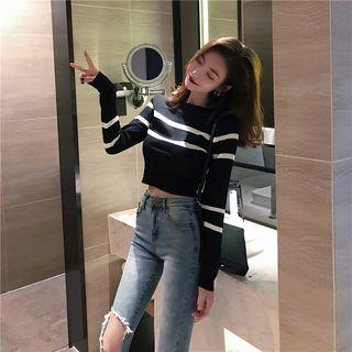 Striped Cropped Knit Top Black - One Size