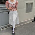 Short-sleeve Floral Print Blouse / Plain Midi Skirt