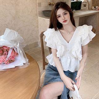 Ruffled V-neck Loose Crop Blouse