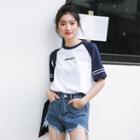 Short-sleeve Lettering T-shirt Navy Blue & White - One Size