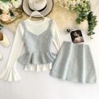 Set: Long-sleeve Top + Sleeveless Top + Mini Skirt
