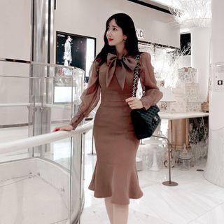 Set: Long-sleeve Blouse + Sleeveless Midi Mermaid Dress