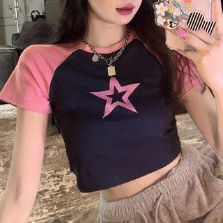 Short-sleeve Star Print Raglan Crop T-shirt